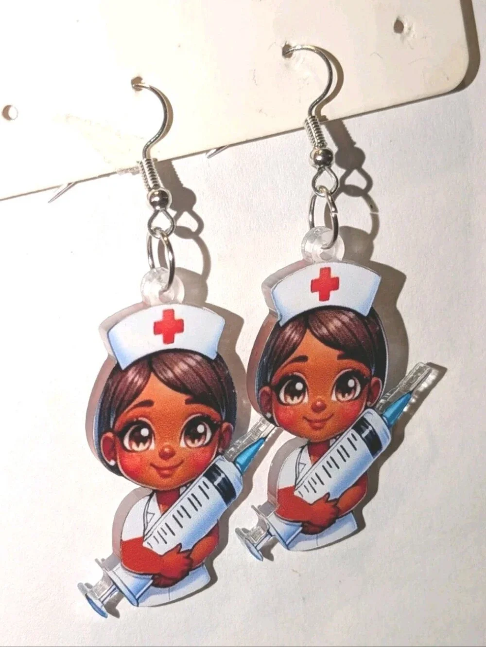 Hand Crafted Cute Nurse Acrylic Dangle Earrings - Brown Skin, White & Red